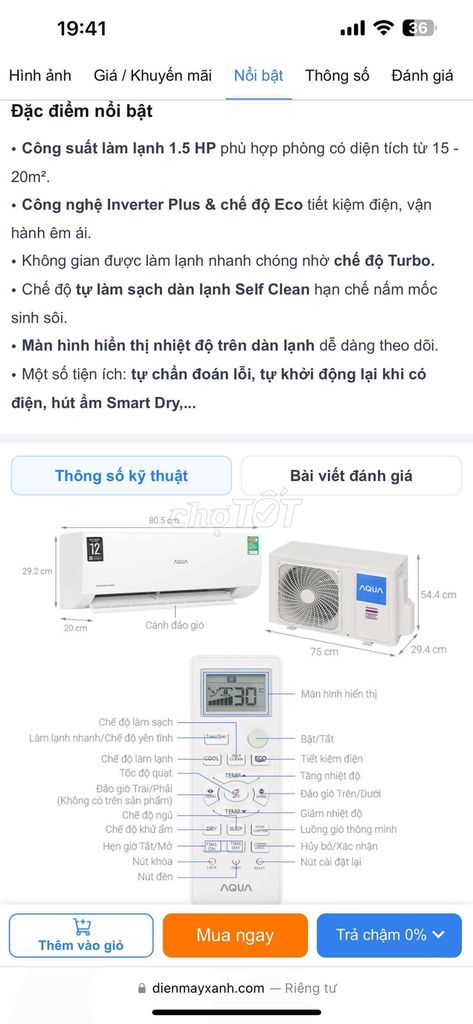 MÁY LẠNH AQUA 1.5HP INVERTER 2025 MỚI 90%