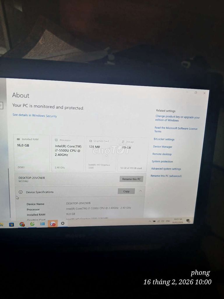 Laptop i7-5500U 16GB/119GB. Mua bán Laptop tại Huyện Nghĩa Đàn Nghệ An được đăng bởi Ntr hình 1