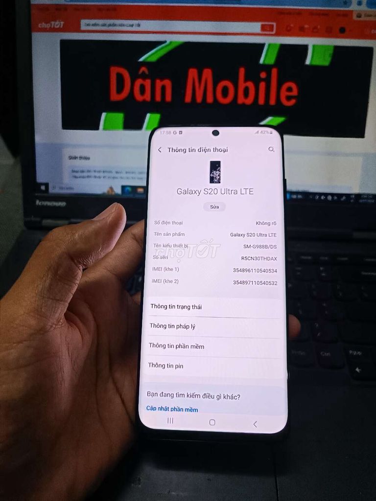 SAMSUNG S20 ULTRA 12GB.128GB MÁY VN 2 SIM ZIN ĐẸP. Mua bán Điện thoại tại Quận Bình Thạnh Tp Hồ Chí Minh được đăng bởi Dân Mobile hình 1