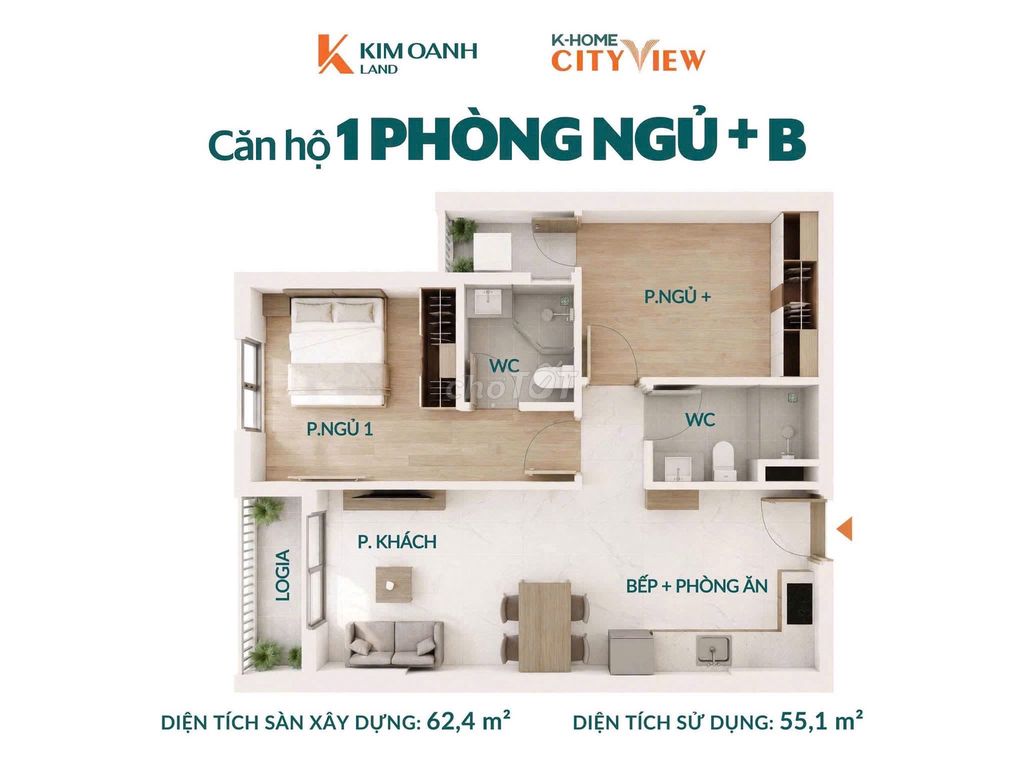 Căn hộ 2PN + 2WC tại K-Home Cityview, 700 triệu, 62 m2, view đẹp