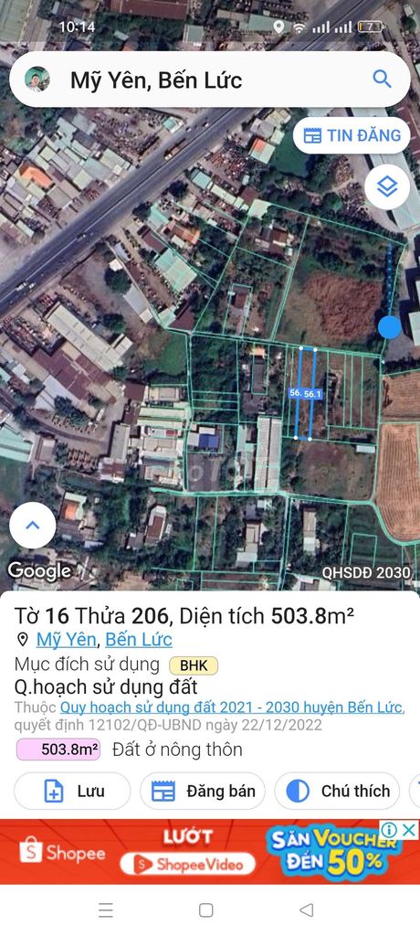 Đất thổ vườn 500m Ấp 1 Mỹ Yên giáp bình chánh