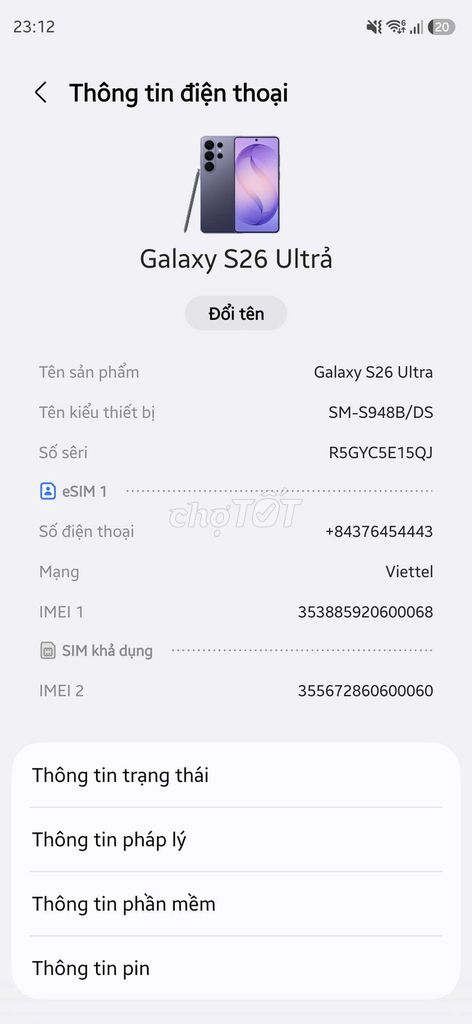Samsung Galaxy S26 Ultra 256GB Tím. Mua bán Điện thoại tại Huyện Bàu Bàng Bình Dương được đăng bởi Nhật Hảo Nguyễn hình 1