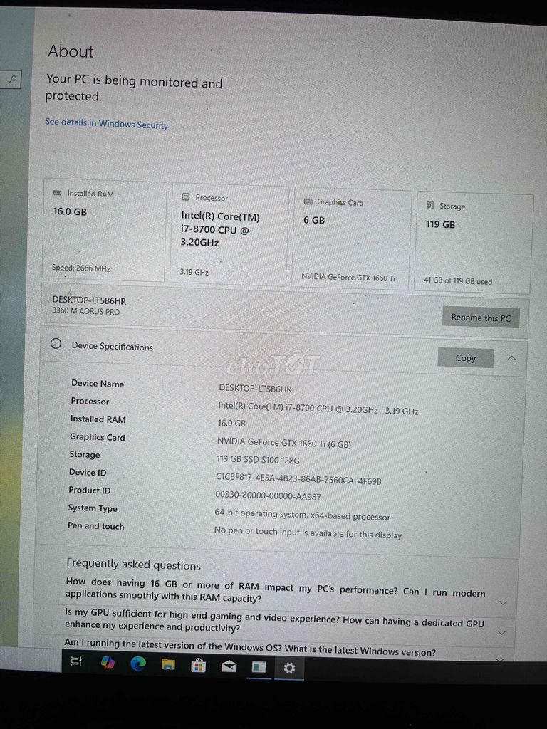 Gigabyte i7-8700 GTX 1660 Ti RAM 16GB SSD 119GB. Mua bán Máy tính để bàn tại Huyện Thanh Trì Hà Nội được đăng bởi khiêm hình 1