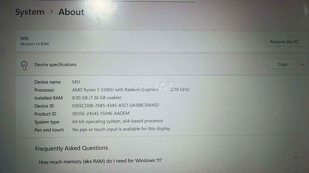 MSI Modern 14 B5M Ryzen 5 8GB. Mua bán Laptop tại Quận Ngũ Hành Sơn Đà Nẵng được đăng bởi Quỳnh Phan hình 1