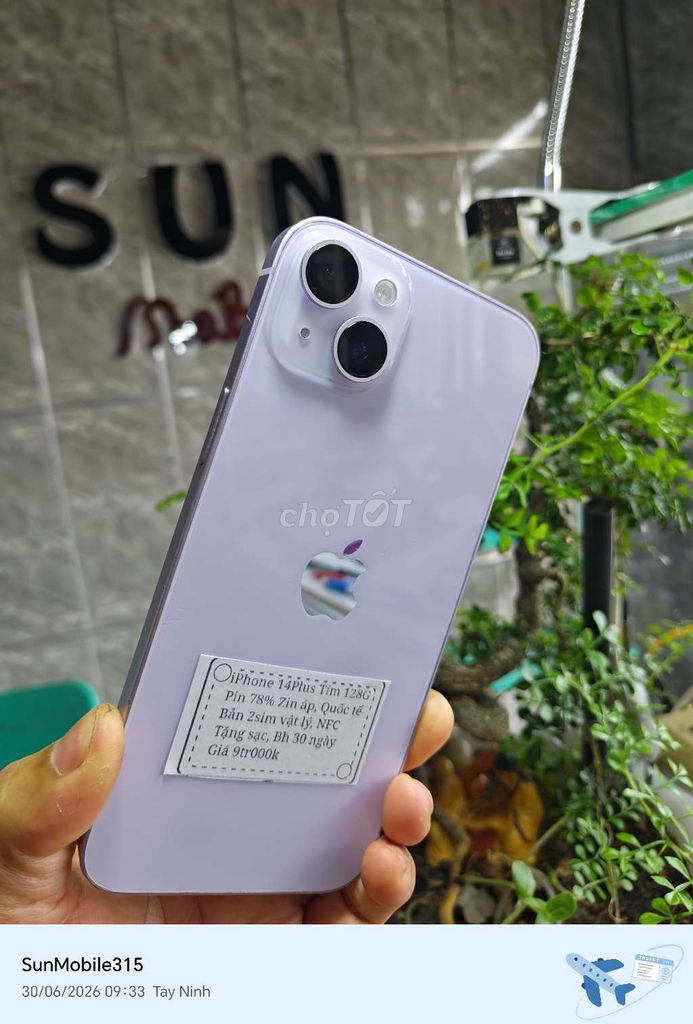 iP 14 Plus 128G Zin áp Pin 78% Bao chọi nước. . Mua bán Điện thoại tại Huyện Trảng Bàng Tây Ninh được đăng bởi Sun Mobile Shop Điện Thoại Trảng Bàng Tây Ninh 01 hình 1