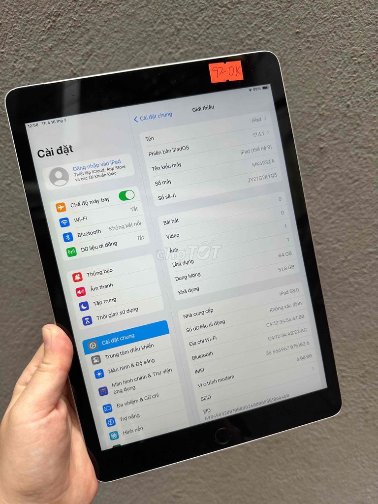 Apple iPad Gen 9 64GB bản đầy đủ wifi + sim. Mua bán Máy tính bảng tại Quận Cầu Giấy Hà Nội được đăng bởi CACA IPAD STORE hình 1
