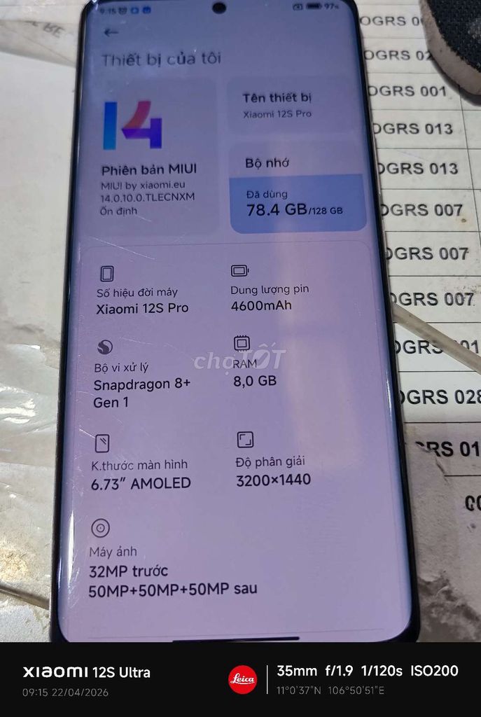 Xiaomi 12S Pro 128GB Trắng Đã dùng. Mua bán Điện thoại tại Huyện Vĩnh Cửu Đồng Nai được đăng bởi Long  hình 1