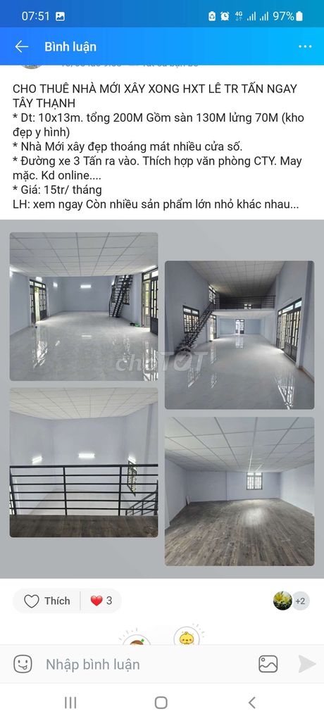 CHO THUÊ NHÀ 10X15M Y HÌNH HXT LÊ TRỌNG TẤN