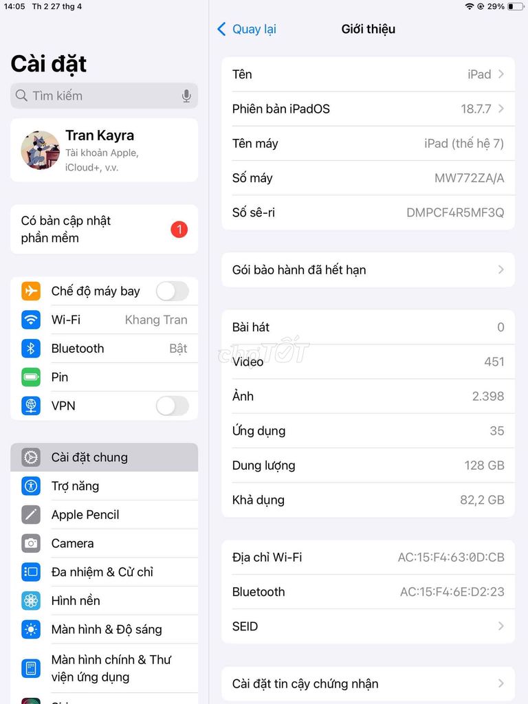 Apple iPad Gen 7 128GB Xám. Mua bán Máy tính bảng tại Quận Gò Vấp Tp Hồ Chí Minh được đăng bởi KHANG TRAN hình 1
