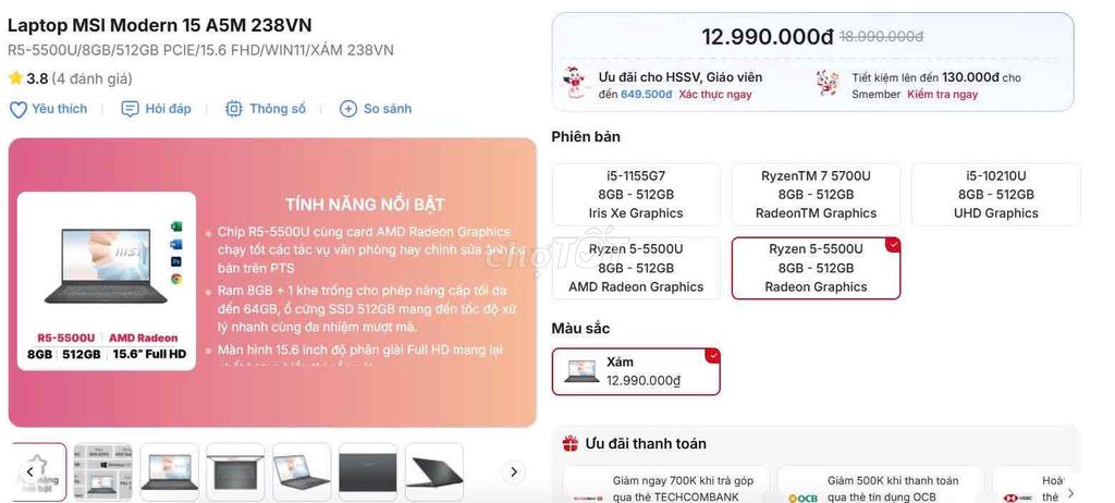 MSI 15 A5M Ryzen 5 5500U 8GB/512GB Đen. Mua bán Laptop tại Thành phố Vĩnh Yên Vĩnh Phúc được đăng bởi Nam Per hình 1