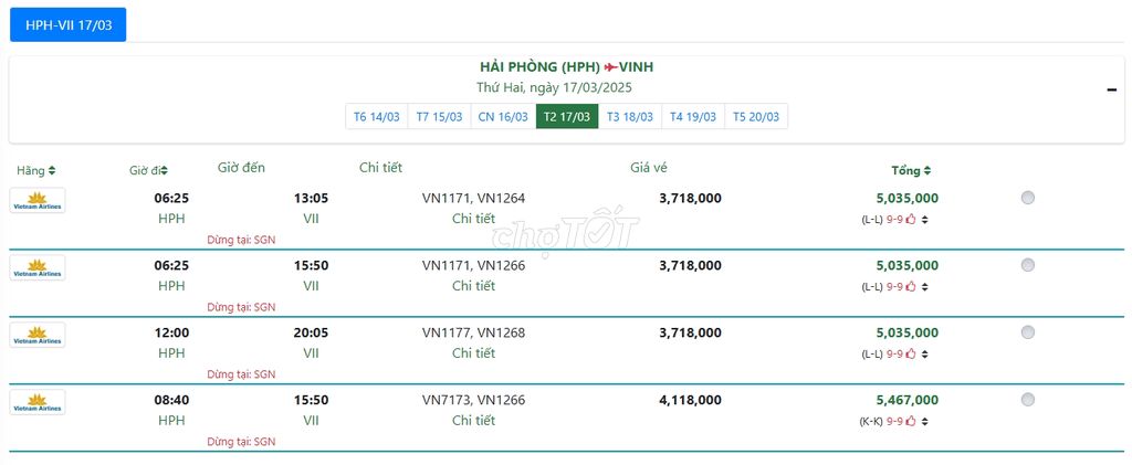 HẢI PHÒNG (HPH) VINH Thứ Hai, ngày 17/03/2025