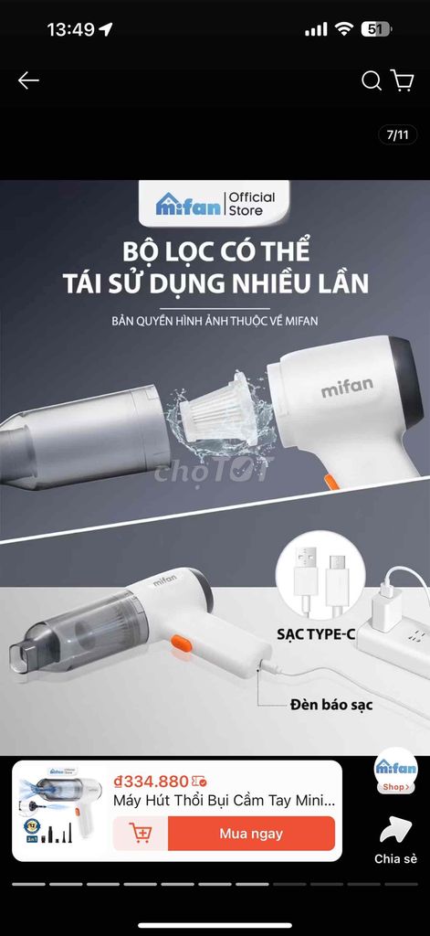 Máy hút bụi cầm tay Mifan, lực hút mạnh 8000PA