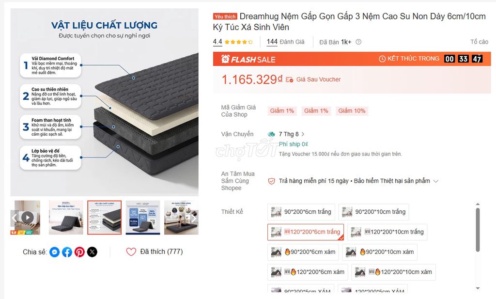 Nệm gấp gọn Dreamhug Cao su non Trắng 120x200x6cm. Mua bán Giường, chăn ga gối nệm tại Quận Cầu Giấy Hà Nội được đăng bởi KIM JUNWOO hình 1