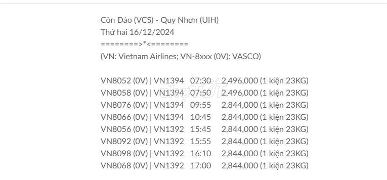 Côn Đảo (VCS) - Quy Nhơn (UIH) Thứ hai 16/12/2024