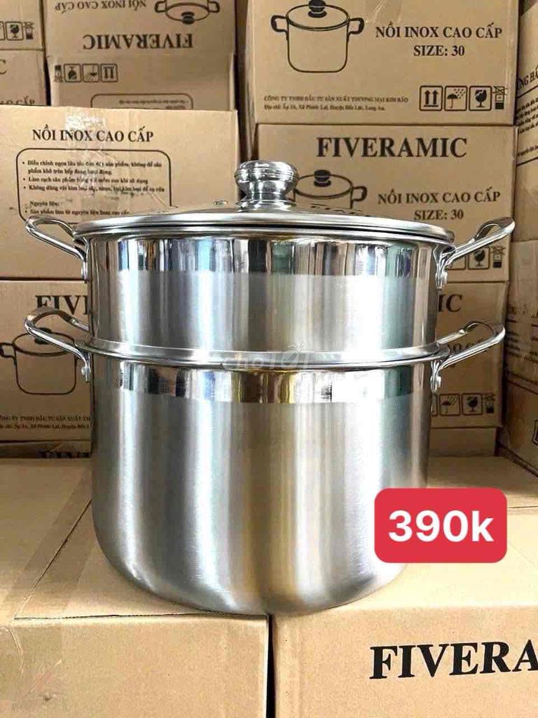 Bộ Nồi Hấp Fiveramic Inox 304,Đáy Dày Có Nắp Kính