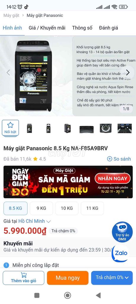 máy giặt mới 100% Panasonic 8.5kg