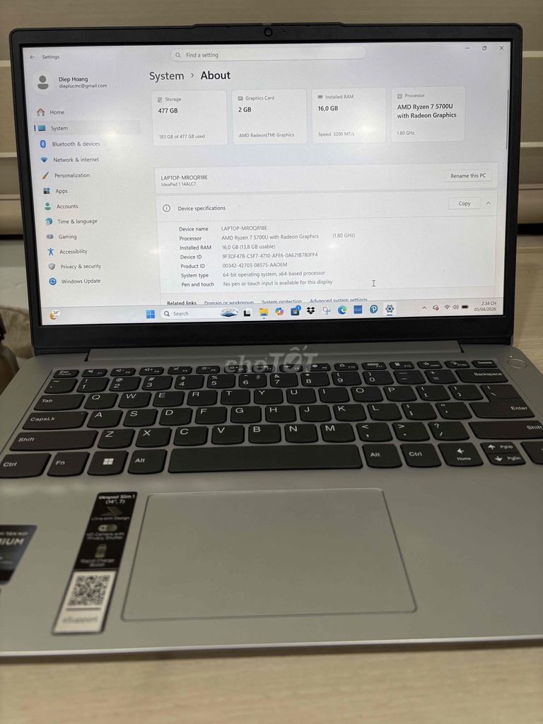 Lenovo Ideapad Slim 1 14ALC7 Ryzen 7 16GB/512GB. Mua bán Laptop tại Quận Long Biên Hà Nội được đăng bởi Diệp hình 1