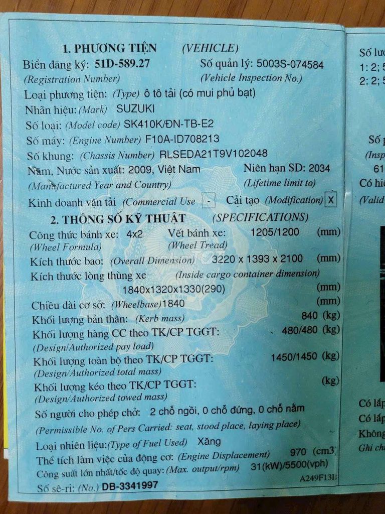 BÁN Gấp suzuki 480kg đời 2009 thùng bạt 1m9