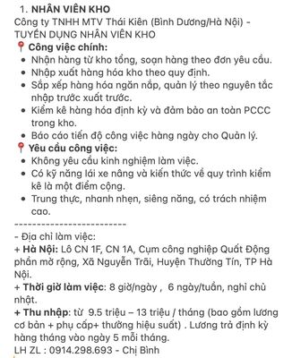 TUYỂN DỤNG NHÂN VIÊN KHO THÁI KIÊN