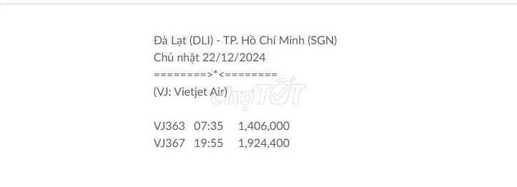 Đà Lạt - TP. Hồ Chí Minh (SGN) Chủ nhật 22/12/2024