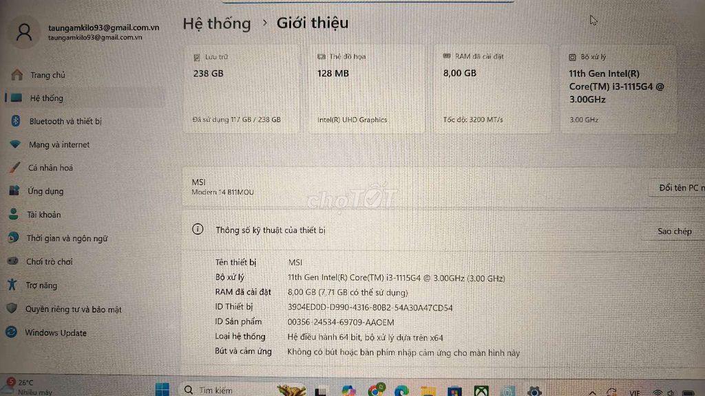 MSI Modern 14 i3-1115G4 8GB/256GB 99%. Mua bán Laptop tại Huyện Gia Lâm Hà Nội được đăng bởi bùi văn quý hình 1