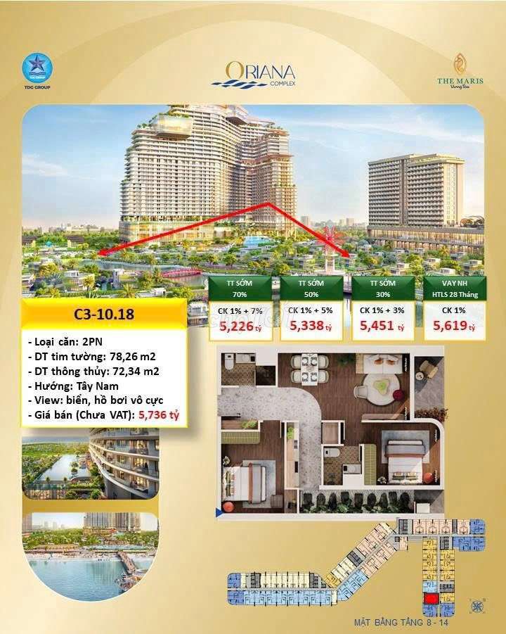 Квартира 2 спальни с видом на море в Oriana Complex – The Maris Vũng Tàu