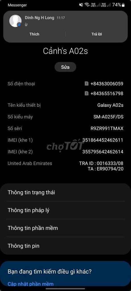 Samsung Galaxy A02s UAE. Mua bán Điện thoại tại Huyện Vĩnh Bảo Hải Phòng được đăng bởi Hai Anh hình 1