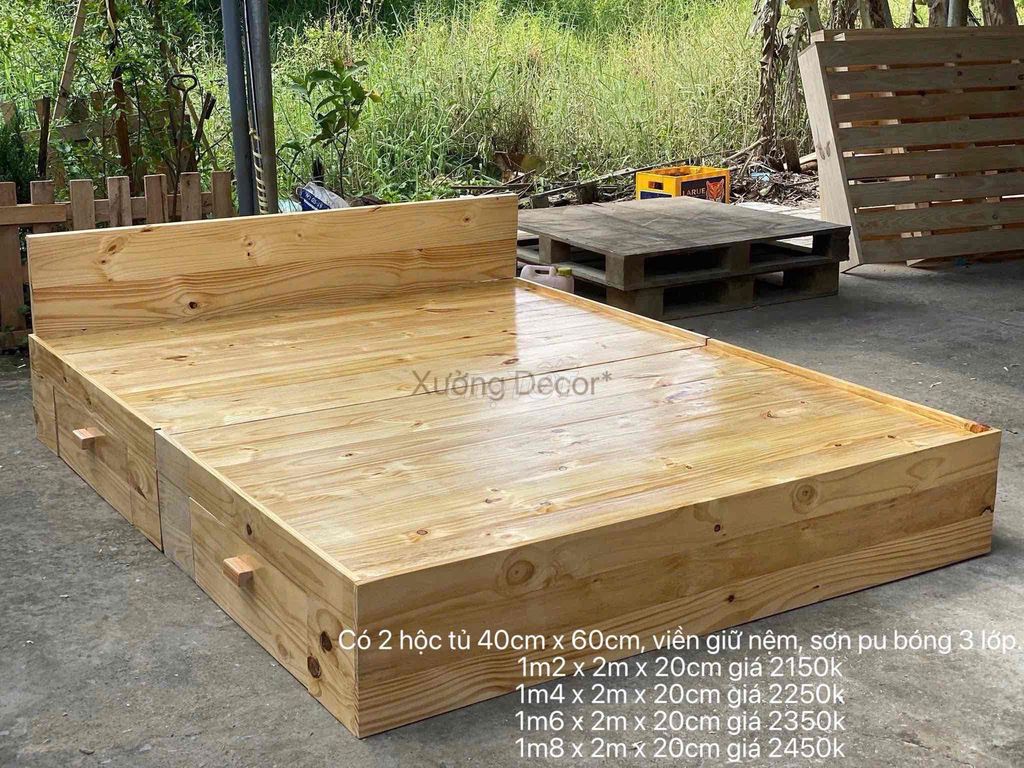 Giường pallet gỗ thông 1m2x2m. Mua bán Giường, chăn ga gối nệm tại Huyện Châu Thành Bến Tre được đăng bởi Xưởng Decor Bến Tre hình 1
