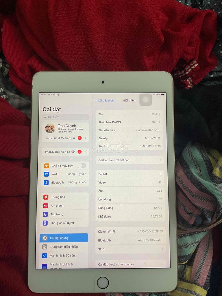 Pass máy ipad mini 5 64gb ios 16.3 ảnh có ttin may