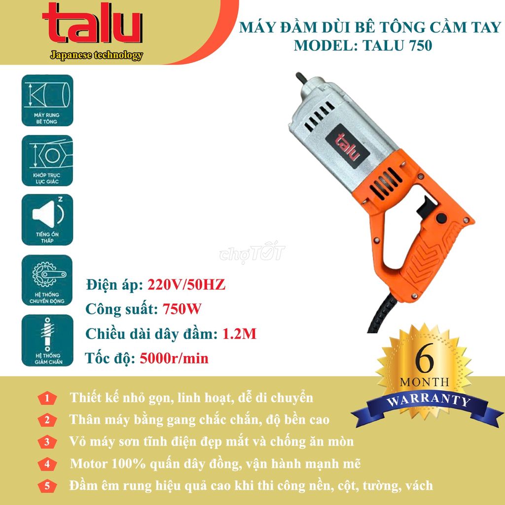 Máy đầm dùi bê tông Talu 750. Mua bán Đồ chuyên dụng, Giống nuôi trồng tại Huyện Nghĩa Hưng Nam Định được đăng bởi Điện Máy Tấn Lụa hình 1