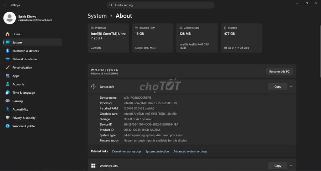 laptop MSI core ultra 7 255H 16GB/512GB 15.6 inch. Mua bán Laptop tại Quận Long Biên Hà Nội được đăng bởi Duy Tran hình 1
