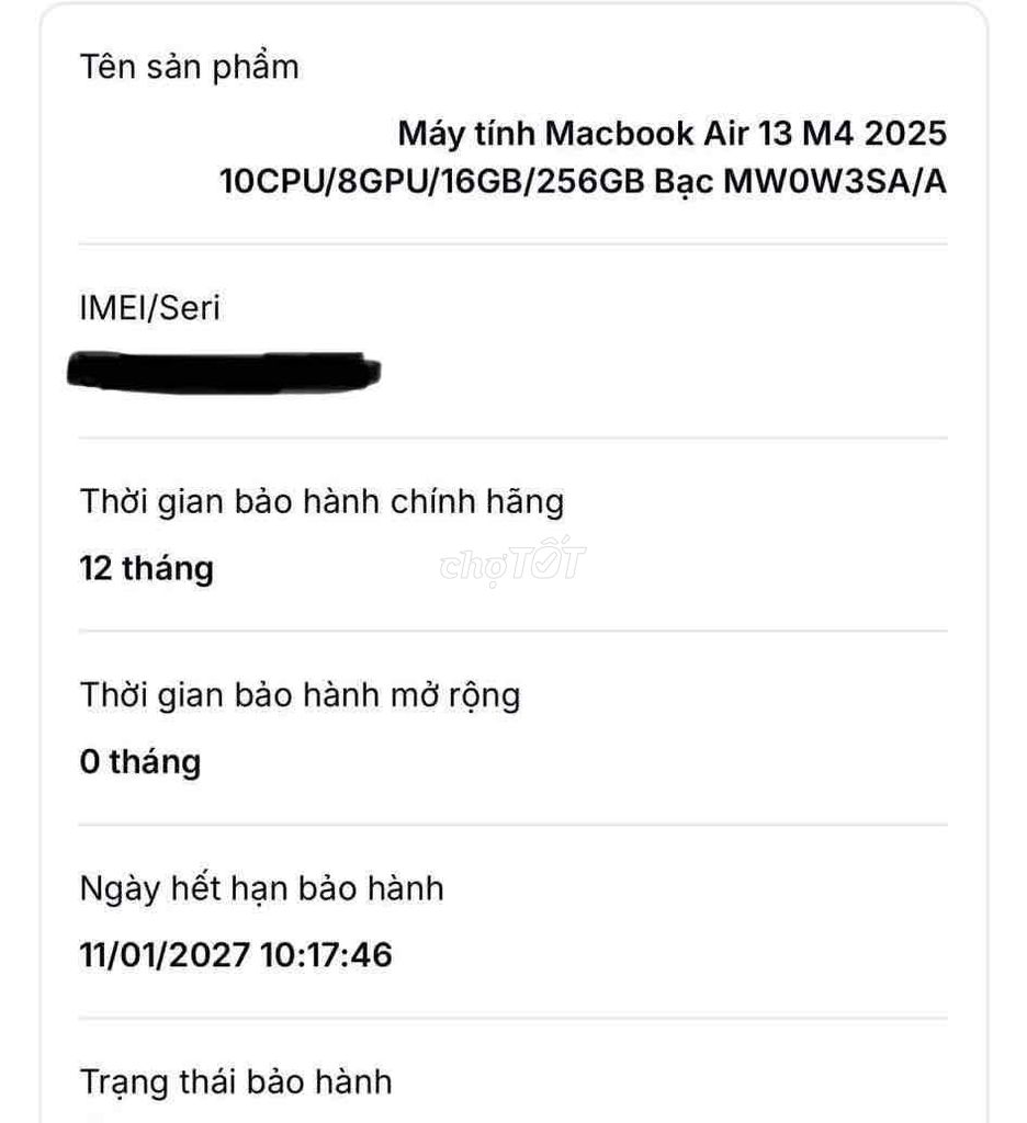 Macbook Air M4 13" 16/256GB New AppleCare 1/2027. Mua bán Laptop tại Quận Tân Bình Tp Hồ Chí Minh được đăng bởi ĐỒ MỚI GIÁ CŨ hình 1