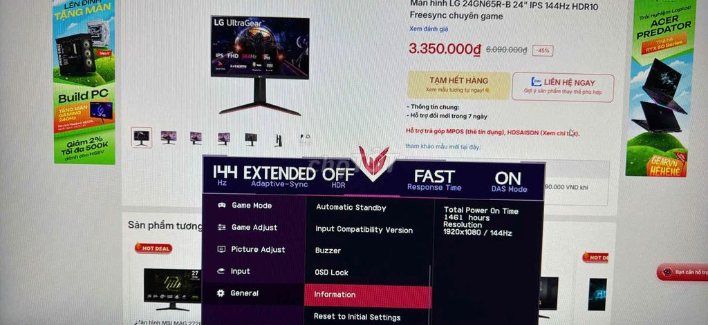 Màn hình gaming LG 24GN65R-B 24 inch Full HD. Mua bán Phụ kiện (Màn hình, Chuột...) tại Thành phố Thái Bình Thái Bình được đăng bởi Thành Tô hình 1