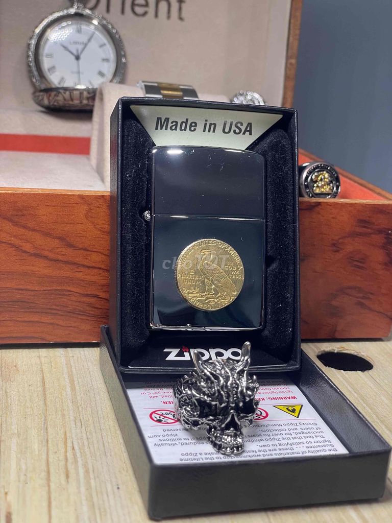 Bật lửa Zippo + nhẫn đầu lâu