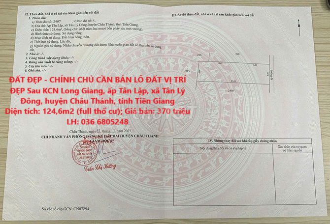 CẦN BÁN LÔ ĐẤT VỊ TRÍ ĐẸP Sau KCN Long Giang - Châu Thành - GIÁ CỰC RẺ