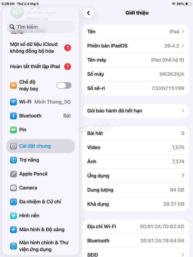 Apple iPad Gen 9 64GB Xám mất Touch ID. Mua bán Máy tính bảng tại Huyện Bình Chánh Tp Hồ Chí Minh được đăng bởi Minh hình 1