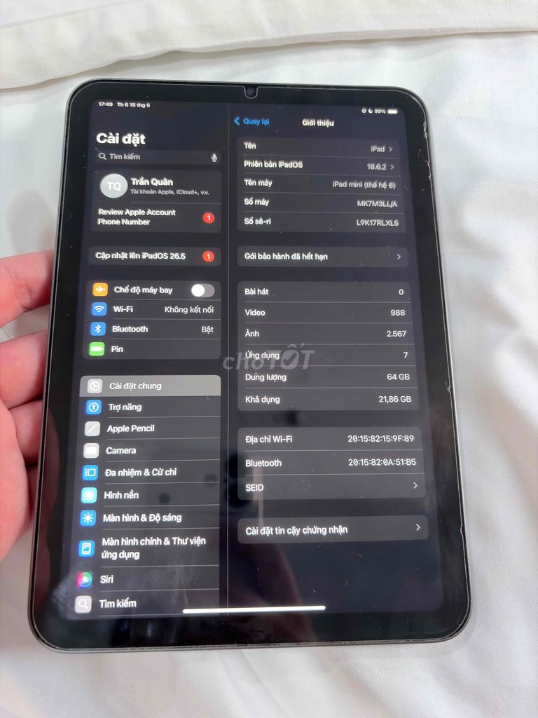 Apple iPad mini 6 Xám 99%. Mua bán Máy tính bảng tại Quận Tân Bình Tp Hồ Chí Minh được đăng bởi Trần Quân hình 1
