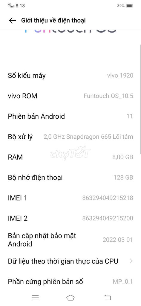 Vivo 1920 8GB/128GB Snapdragon 665. Mua bán Điện thoại tại Quận Liên Chiểu Đà Nẵng được đăng bởi Nguyễn Văn Tuấn  hình 1