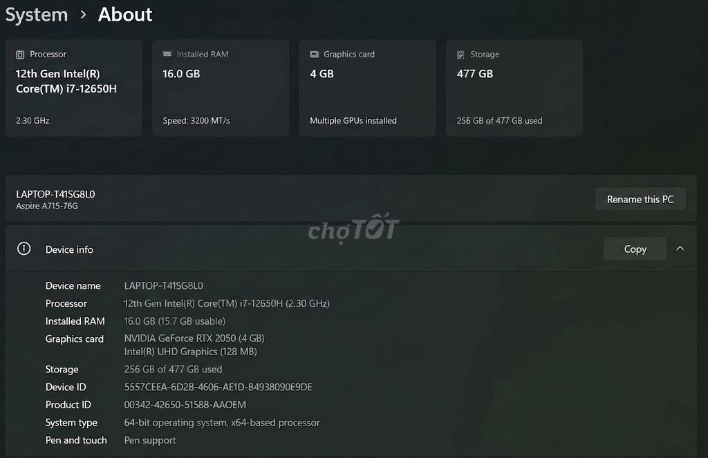 Acer Aspire 7 A715-76G i7-12650H 16GB/512GB . Mua bán Laptop tại Quận 7 Tp Hồ Chí Minh được đăng bởi Kim Phụng  hình 1