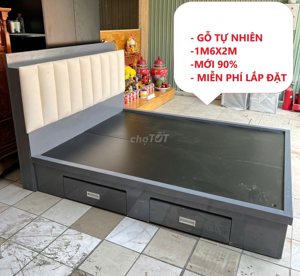 Giường bọc nệm, Giường ngủ gỗ tự nhiên 1m6 2 hộc