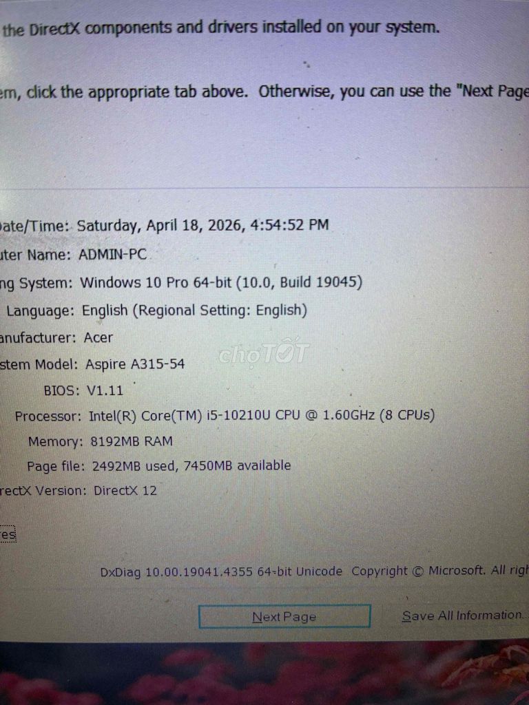 Acer Aspire A315-54 i5-10210U 8GB/256GB. Mua bán Laptop tại Thành phố Biên Hòa Đồng Nai được đăng bởi Phú PC Laptop hình 1