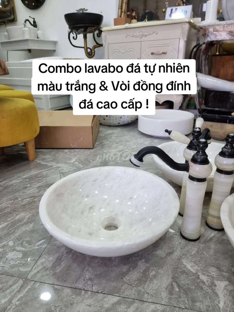 Lavabo đá tự nhiên màu trắng muối 41x41x14cm