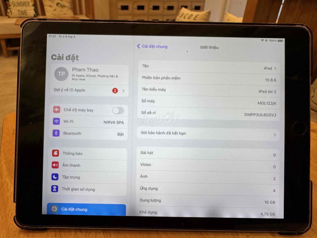 iPad Air 2 16GB WiFi – máy đẹp – tặng ốp + sạc. Mua bán Máy tính bảng tại Quận Ngũ Hành Sơn Đà Nẵng được đăng bởi Phạm Văn Thạo hình 1