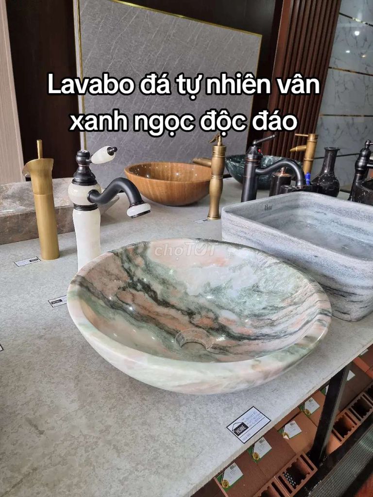 Lavabo đá tự nhiên màu xanh ngọc vện đen 41cm