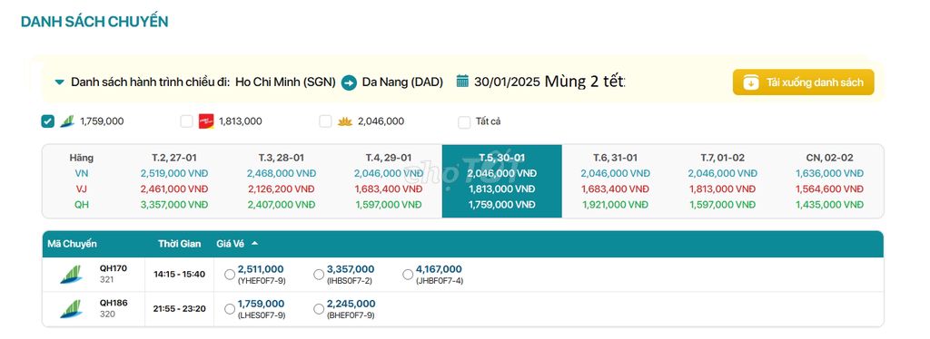 Hồ Chí Minh - Đà Nẵng  30/01/2025 Mùng 2 tẻt