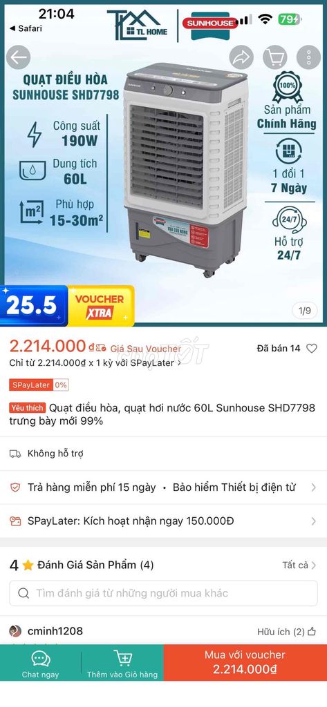 Quạt điều hòa SUNHOUSE SHD7798 60L. Mua bán Quạt tại Quận Ngũ Hành Sơn Đà Nẵng được đăng bởi Huu Tin hình 1