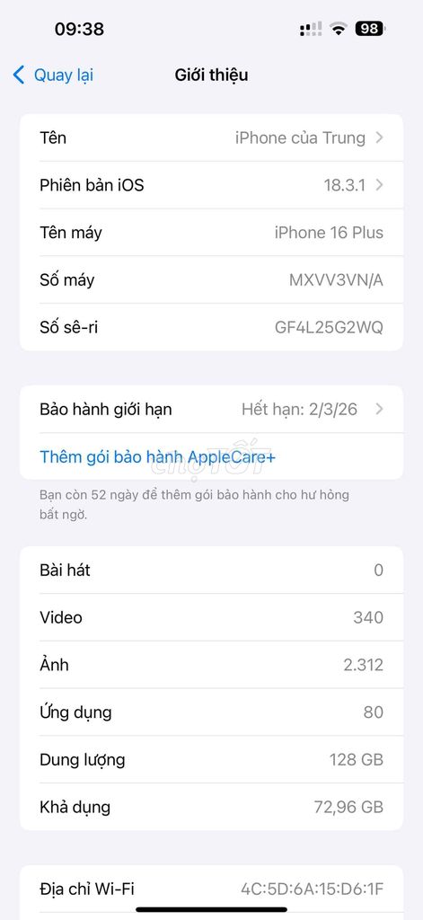 Iphone 16Plus Vna Trắng siêu đẹp sạc 7L bh dài