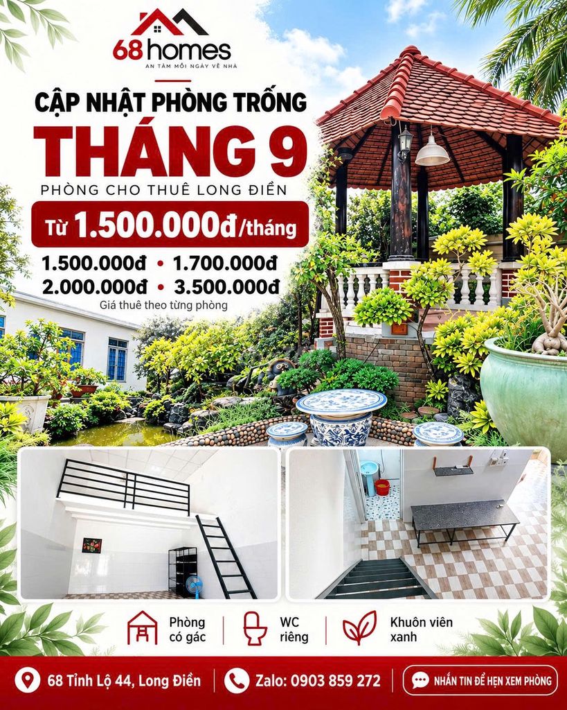 PHÒNG TRỌ LONG ĐIỀN - DT 25m2, gác cao, WC riêng, khuôn viên 3000m2,..
