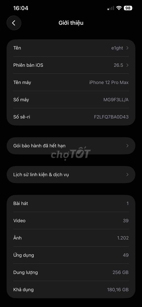 Apple iPhone 12 Pro Max 256GB 98% Đen. Mua bán Điện thoại tại Thị xã Phú Mỹ Bà Rịa - Vũng Tàu được đăng bởi e1ght hình 1