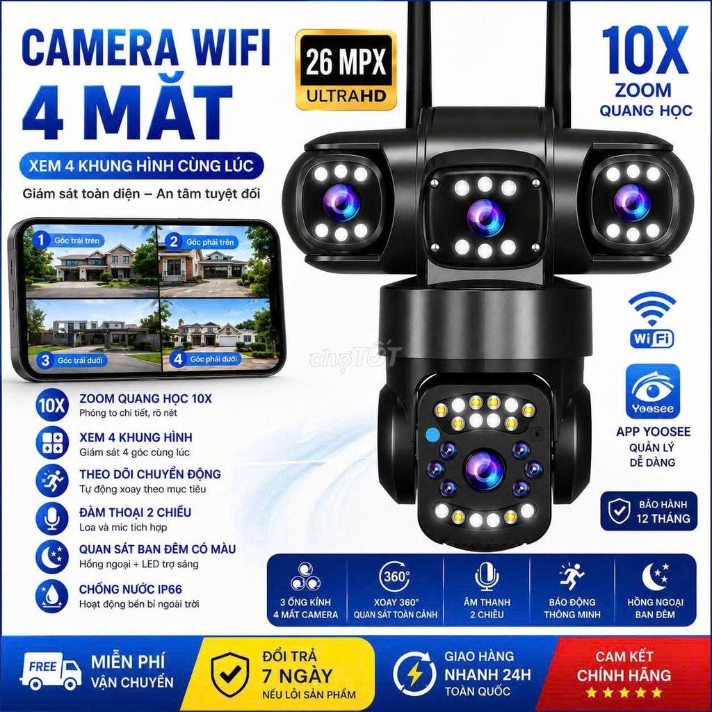 Camera wifi  YOOSEE 4 mắt Wifi Xoay 360 độ Đen. Mua bán Máy ảnh, Máy quay tại Quận Tân Phú Tp Hồ Chí Minh được đăng bởi ĐẠI LÝ CAMERA QUAN SÁT hình 1